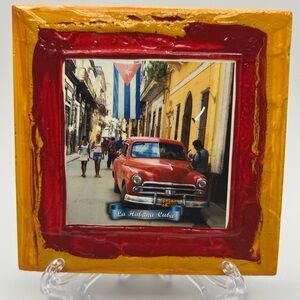 Vintage tile Cuban street scene with a classic red car photo, tile art.